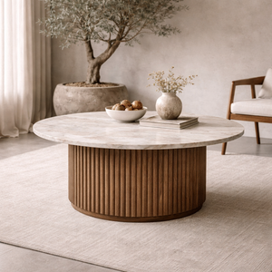 SORA Mango Wood <b>Dining</b> <b>Table</b> Marble <b>Top</b> | Japandi Round <b>Dining</b> <b>Table</b> Living Room Furniture Ribbed Base Luxury Design - Product Image 6