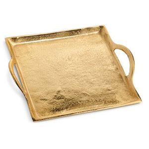 Plateau de service rectangulaire de luxe en métal martelé doré avec poignées, finition laiton, pour table basse, ottoman et décoration intérieure - Product Image 1