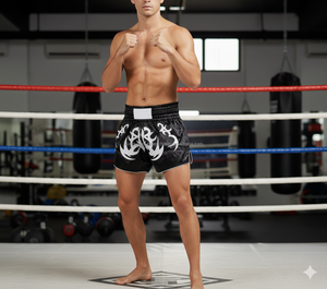 Shorts de Muay Thai à impression numérique personnalisée sur le devant, fabricant OEM, haute qualité, 100% polyester, respirant, séchage rapide, durable, lutte - Product Image 4