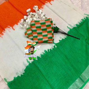 ผ้าส่าหรีลินินพิเศษสำหรับวันชาติ พร้อมลายปักดิ้นเงินสำหรับผู้หญิง ไม่มีลายพิมพ์ มีสินค้าในสต็อก ผลิตในอินเดีย - Product Image 2