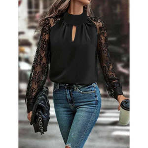 Blusa Sandy de Manga Larga para Mujer con Detalle de Ventana en el Busto, Cuello Alto y Mangas de Tul, 33874 - Negro - Product Image 1