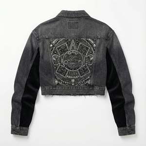 Custom Women Cropped Denim <b>Jacket</b> Rhinestone Embroidered Graphic Velour Panel Patchwork Raw Hem Boxy Fit Streetwear Manufacturer - Product Image 3