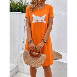 Robe courte en viscose à manches courtes et col rond pour femme, imprimé chat, 37498 - Orange - Product Image 1