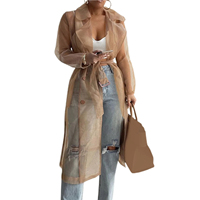 Chemises élégantes Trench Coat transparent à lacets Printemps solide Sheer Mesh Manteau boutonné à manches longues avec ceinture Disponible en cuir