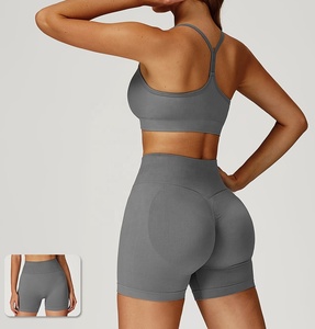 Women's 2 Piece Solid Gray Yoga Set High Waist Shorts Seamless Crop Top Racerback Sports <b>Bra</b> Workout Gym Fitness Workout Outfit - Product Image 2