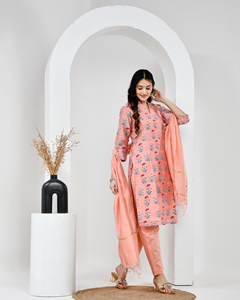 Hand Block Printed Cotton Suit Set with Dupatta | Floral Ethnic Kurta <b>Pant</b> Set - Product Image 2