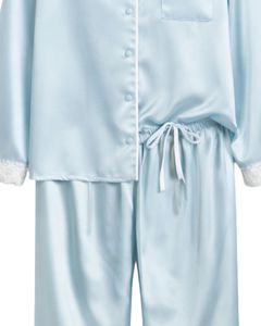 Ensemble de pyjama en satin de soie bleu clair pour femmes, personnalisé par le fabricant, boutonné, manches longues, vêtements de nuit luxueux, dentelle douce - Product Image 6