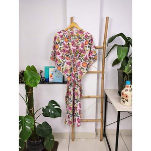 Boho-Stil Indische Handbedruckte <b>Kaftan</b>-Kleid Weisse Und Rosa Blumenblten Atmungsaktiver Und Leichter Swimsuit Cover Ups - Product Image 4