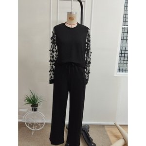 Ensemble deux pièces pour femme, chemisier à manches longues en viscose à deux fils et pantalon, col rond, manches en tulle, 37428 - Noir - Product Image 5