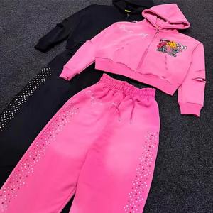 Ensemble de survêtement deux pièces en molleton de coton épais pour homme, style vintage délavé, coupe oversize, effet soleil décoloré, multicolore, avec strass - Product Image 1