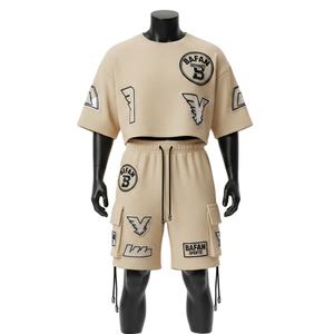 Ensemble haut court et short en coton mélangé gaufré GSM de qualité supérieure pour femme, avec logo appliqué, style urbain, 100 % coton - Product Image 1