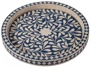 Plateau de service rond en os incrusté fait à la main, design moderne, artisanat artisanal de l'Uttar Pradesh pour la décoration de la maison et les articles de cuisine - Product Image 6