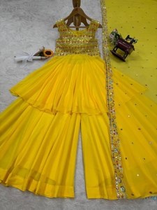 Hermosa Top Party Wear-Plazzo Y Dupatta Con Hilo Con Trabajo De Secuencia - Product Image 3