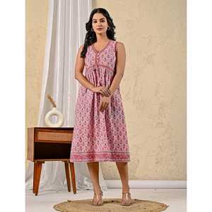 Vestido Rosa de Algodón Mulmul con Estampado Butta Block, Cintura Imperio, Transpirable, Elegante, Casual, para Fiestas, Talla XS, Ideal para Club, Días Festivos - Product Image 3