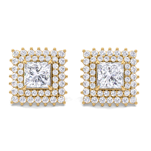 Boucles d'oreilles clous en diamant taille princesse 1,58 carat avec double halo, en or 18 carats jaune, blanc et rose, plaqué rhodium, à visser - Product Image 1