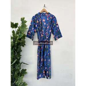 Kimono indio con estampado de bloques, hecho a mano, de algodón, suave y ligero, para estar en casa. - Product Image 3