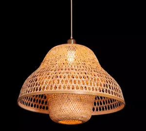 Lustre redondo de madeira natural, luminária suspensa com lâmpada pendente, de bambu, rattan, cerâmica