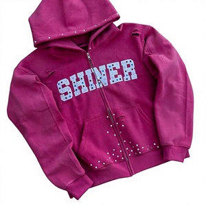 Sudadera con Capucha de Invierno para Hombre de Calidad Premium, Tejida, con Patrón de Letras con Efecto Desgastado y Pedrería en la Parte Delantera, en Tela de Forro Polar de Más de 450 g/m² - Product Image 1