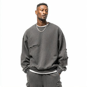 Drop Shoulder Embroidered Oversized Distressed <b>Sweatshirts</b> Men's Fleece Winter Streetwear - Product Image 3