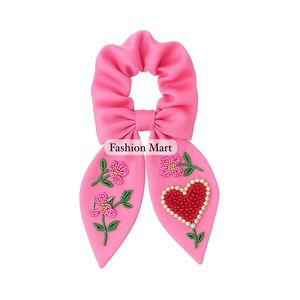 Premium Handmade Beaded Flower & Heart <b>Scrunchie</b> Cute Pink Bow Hair Decoration - Product Image 4