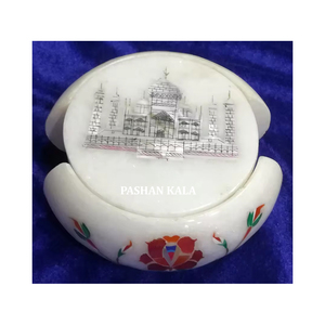 Unique Pure Handmade White Marble Inlay Floral and Taj Mahal Design Tea <b>Coaster</b> <b>Set</b> Fine Finished Use for Home and Kitchen Decor - Product Image 1