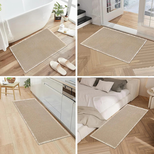 Tapis de bain rectangulaire minimaliste en coton tricoté, couleur unie beige, séchage rapide, avec support en microfibre et mousse à mémoire de forme pour sol de salle de bain - Product Image 5