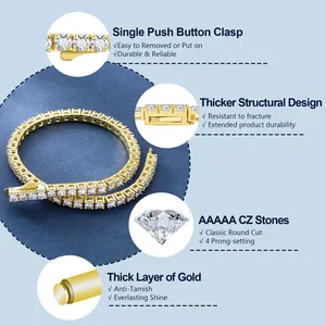 Bracelet Tennis Classique 3mm 4mm, Bijoux Élégants, Cadeaux, Plaqué Or 14K, Zircon Cubique AAAAA Taille Ronde, Style Iced Out, pour Femmes et Hommes - Product Image 5