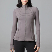 Veste de yoga zippée à manches longues pour femme, gris uni, avec surpiqûres contrastées, vêtement de sport extensible et actif