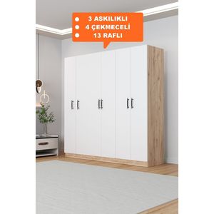 Armario Independiente KALE de 6 Puertas con Tablero de Melamina en Blanco, 4 Cajones, 3 Perchas, 13 Estantes, Ahorro de Espacio para Hoteles y Dormitorios - Product Image 6