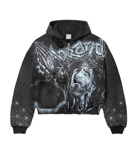 Sudadera con capucha Glory Custom con estampado gráfico de diamantes de imitación, 100% algodón, 400 GSM, con cremallera, para uso unisex en la calle. - Product Image 1