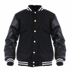 Men's Black Varsity <b>Jacket</b> PU Leather Sleeves Solid Color Button Closure Turn-down Collar Casual Autumn Wear Regular Fit - Product Image 1