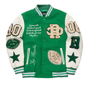 Veste universitaire brodée usée 2026 pour femmes, blanche et verte, veste en cuir d'hiver de basketball universitaire avec motif de lettres - Product Image 1