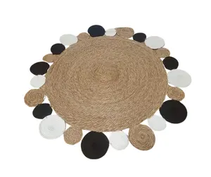 Custom round brown and black woven seagrass rug with circular motifs straw floor mats round bedroom area tatami mat Christmas