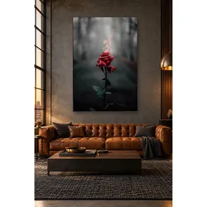 Impression sur toile Fida : Rose rouge enflammée dans une forêt sombre - Product Image 2