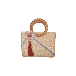 Bolsa de jacinto de agua tallos secos naturales con asas de bambú e inserto de cordón para salidas de verano y ropa de ciudad, Vietnam - Product Image 2