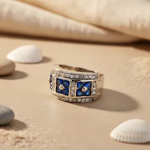 Women's <b>Statement</b> <b>Ring</b> with <b>Silver</b> Blue Sapphire Topaz Oval Cut Rhodium Plated Set with Pearl-Elegant Style - Product Image 2