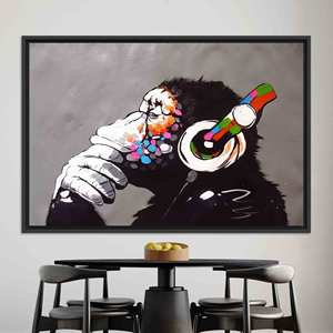 Printed Canvas: Monkey Graffiti Wall Art - Banksy Style Music Lover Gift,BLACK <b>FRAMED</b> CANVAS - Product Image 1