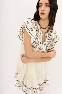 Robe tunique en coton écologique pour femmes Style Boho brodé à volants sans manches motif ethnique solide taille naturelle douce - Product Image 3