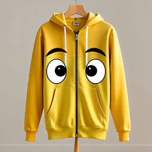 Sudadera con Capucha y Cierre de Cremallera con Estampado de Ojos de Dibujos Animados Amarillos para Hombre, Corte Regular Informal, Tejido de Poliéster, Ropa de Otoño - Product Image 1