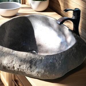 Lavabo Ovalado de Piedra Natural Tradicional con Pedestal, Desagüe y Grifo Monomando de Palanca para Uso en Hoteles - Product Image 3