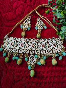 Ensemble collier lourd indien Bollywood Kundan Backmeena tour de cou en laiton plaqué or bijoux ethniques femmes filles mariages perle cadeau - Product Image 3