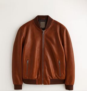 Blouson aviateur en cuir véritable pour homme avec fermeture éclair, design minimaliste classique - Product Image 1