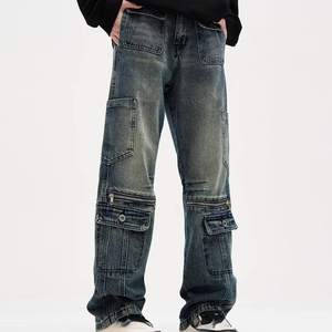 Custom Men's Plus Size Straight-Leg Denim Jeans Multi-Pocket Washed Distressed Overalls Zipper Stitching Loose Fit Mid-Waist - Product Image 6