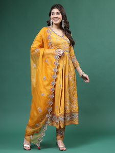 Ensemble Kurta Angrekha pour femme, couleur moutarde, col en V, manches longues, broderie, pantalon et dupatta, tenue décontractée, tissu en rayonne, été, OEM - Product Image 6