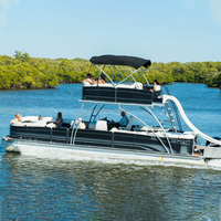 Remorque de bateau ponton double pont en aluminium avec mobilier de loisirs, canapé, bar, moteur, pour excursions fluviales et pêche marine