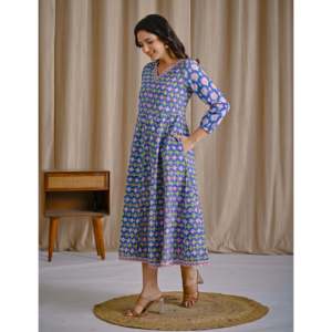 Vestido Anarkali Azul Estampado a Mano en Algodón, Ropa Americana - Product Image 5