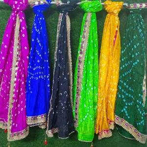Jaipuri Bandhani Dupatta艺术丝绸，四面都有太得帕蒂花边latkan多色Bandhej Dupatta，扎染女性礼品