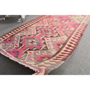 Nueva alfombra de lana rosa Kilim de 3,2X12 pies hecha a mano tejido plano turco Jacquard técnica Patchwork patrón felpa pila altura látex - Product Image 5