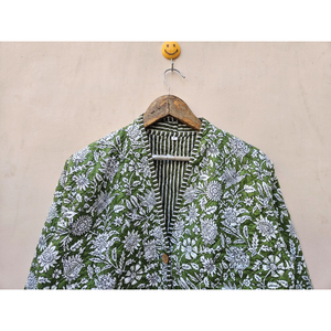 Hecho a mano de alta calidad transpirable Reversible verde girasol bloque impreso Burfi chaqueta acolchada de Invierno para mujer raya única - Product Image 4