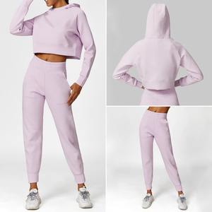 Conjunto de 2 piezas al por mayor de invierno de lujo de las mujeres de algodón informal con capucha Jogging chándal de manga larga deportes Crop Hoodie + Jogger - Product Image 3